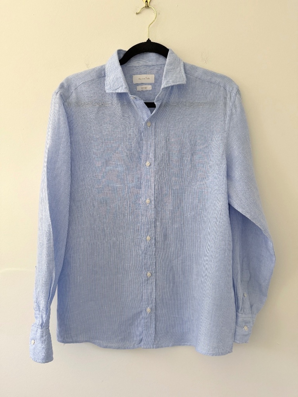 Massimo Dutti Linen Light Blue Woven Fine Grid pattern Collar Stays Coastal MED